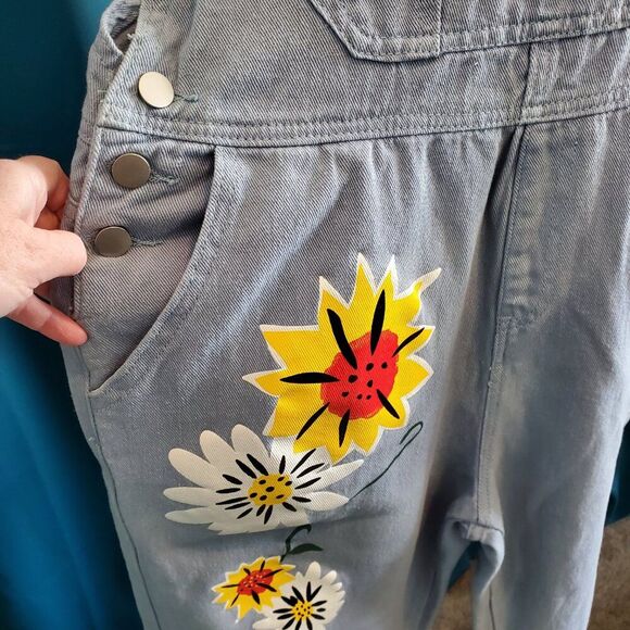Flower Power light blue denim Overalls - Kids/XL or S/M Adult - Picture 2 of 9